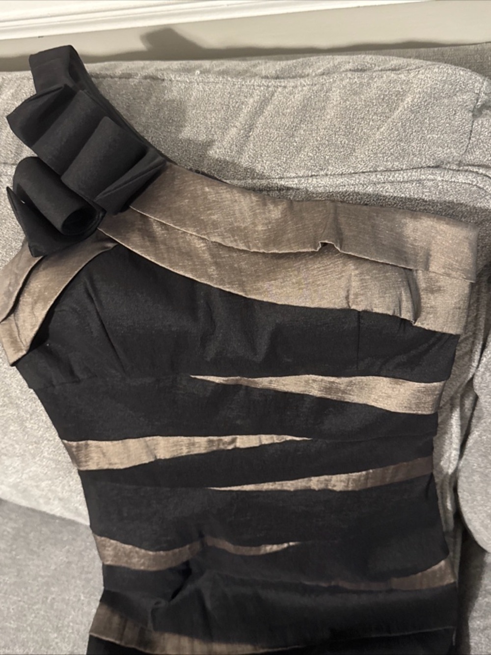Betsy & Adam One-Shoulder Black and Metallic Taupe Cocktail Dress